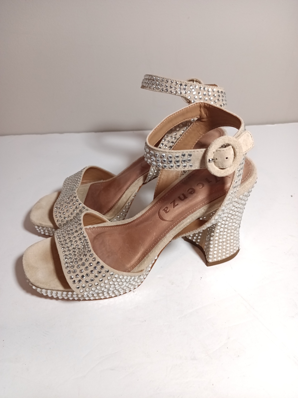 Anthropologie Vicenza Camurca Bege Diamond Gem Platform Heels Tan Size  7